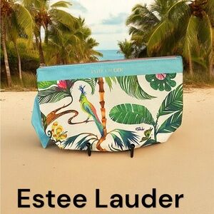 Estée Lauder tropical print makeup bag zip close blue borders bows 9 x 6 inches